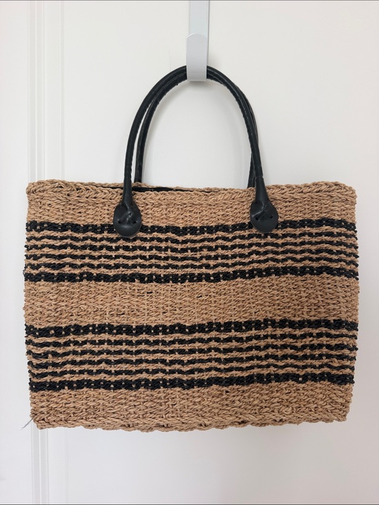 Handbags - Woven Straw Tote Bag with Black Stripes